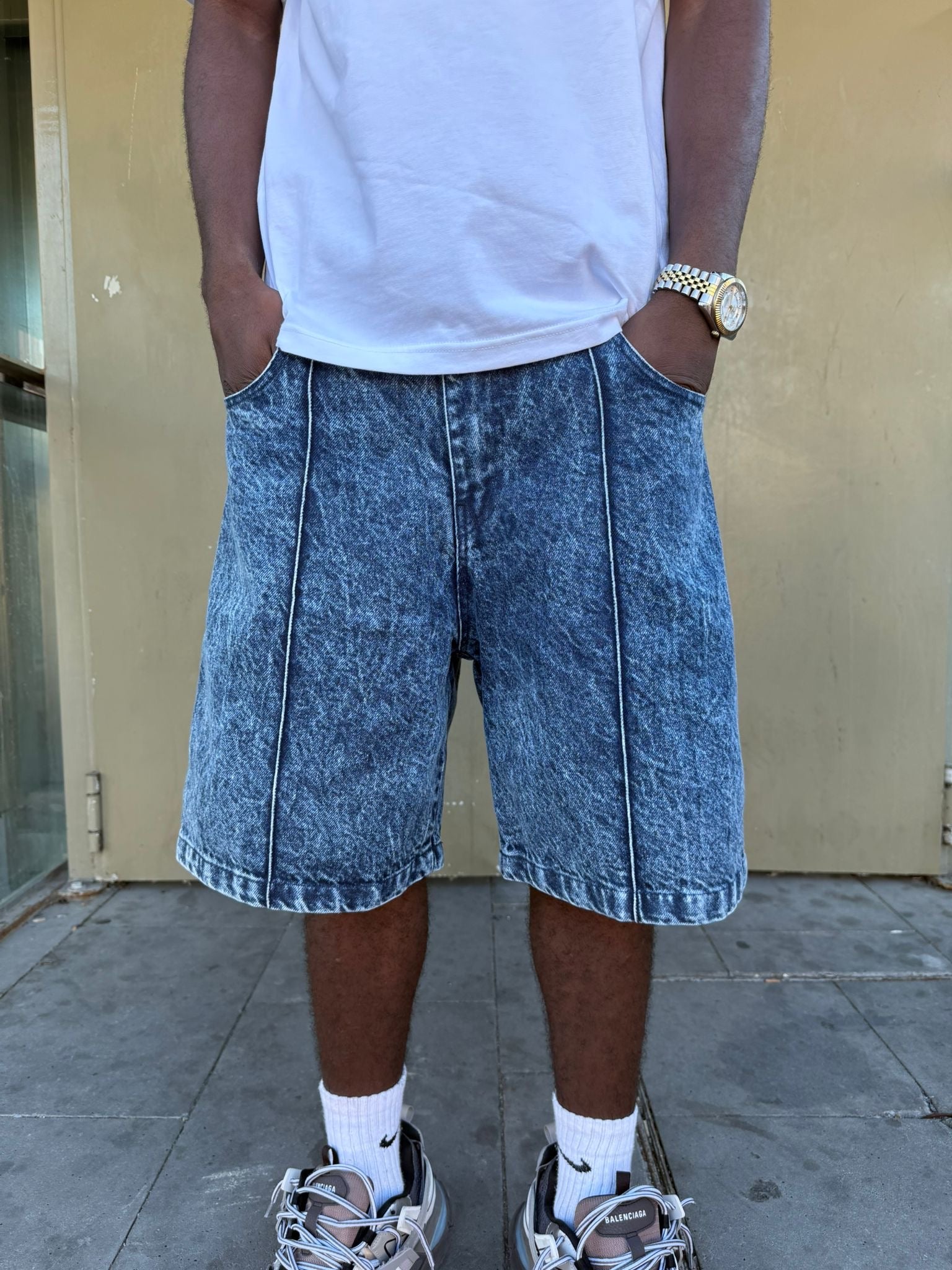 STAR WASHED BLUE DENIM SHORTS