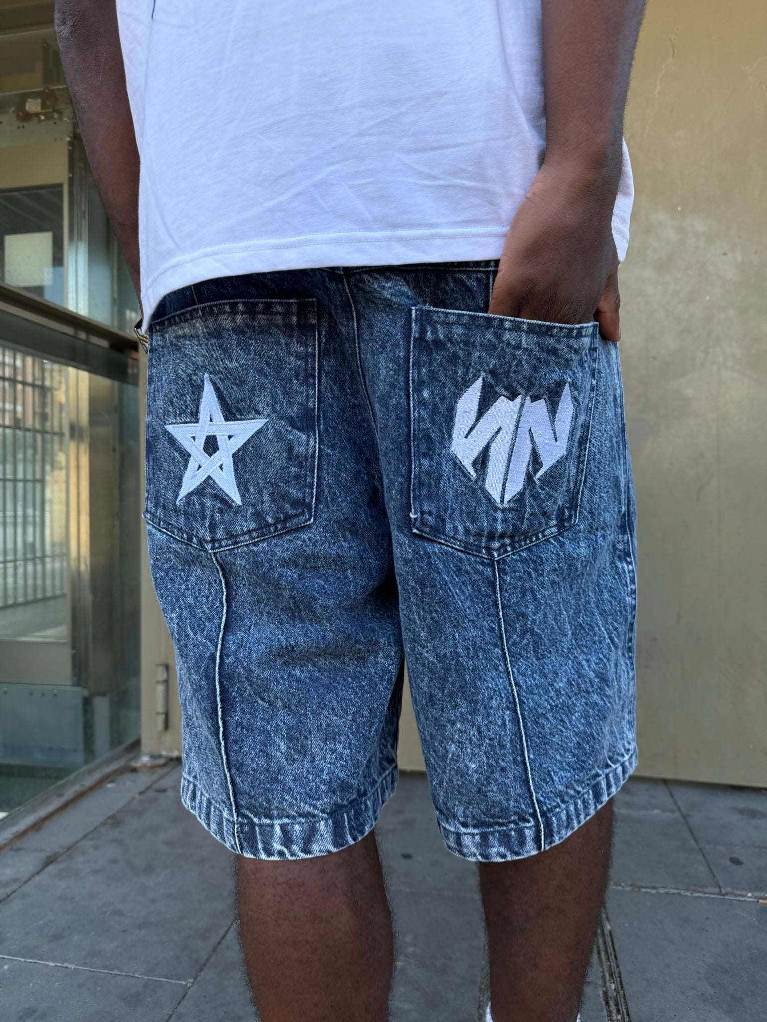 STAR WASHED BLUE DENIM SHORTS