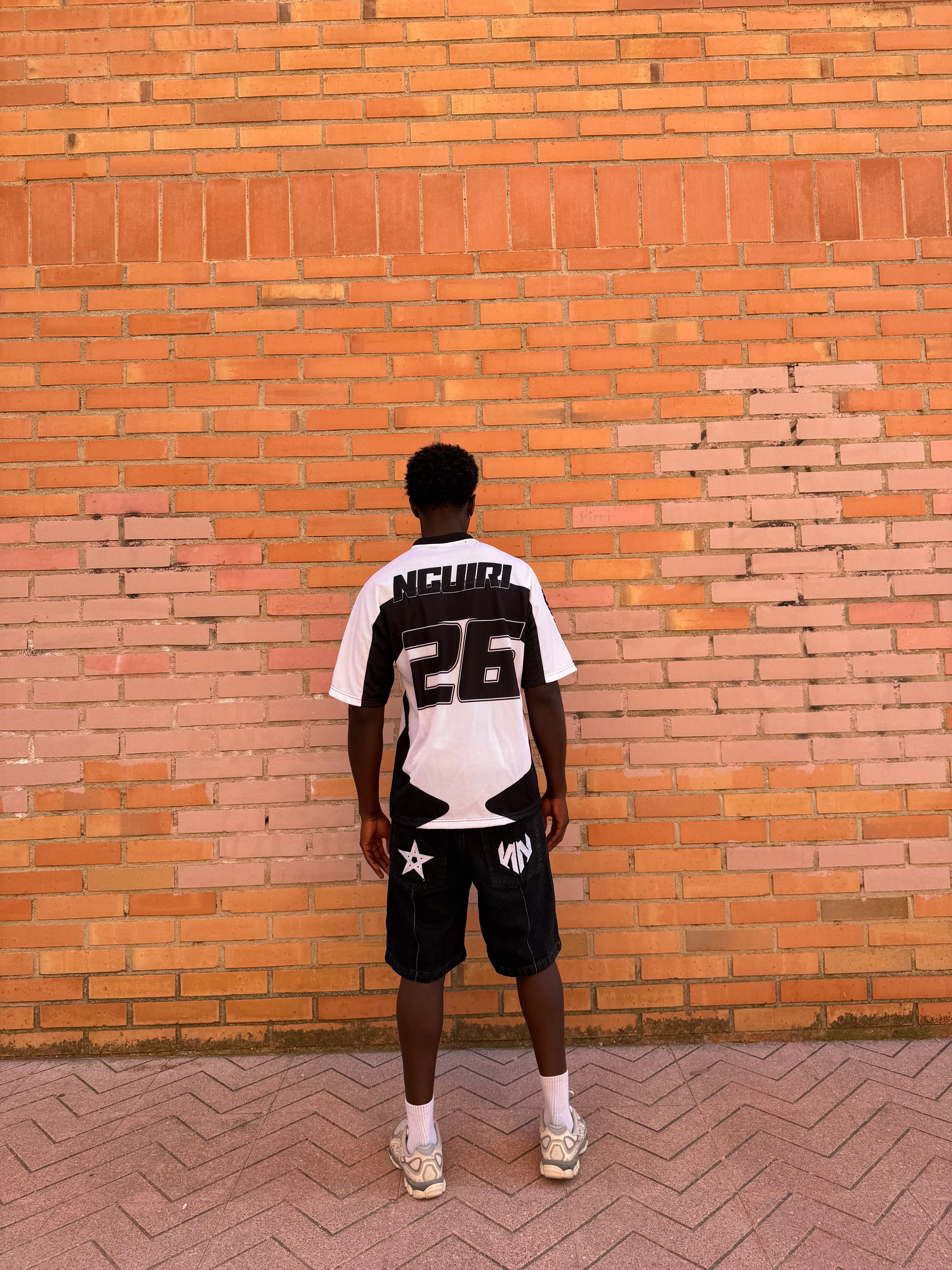 MESH TEE + DENIM BLACK SHORTS
