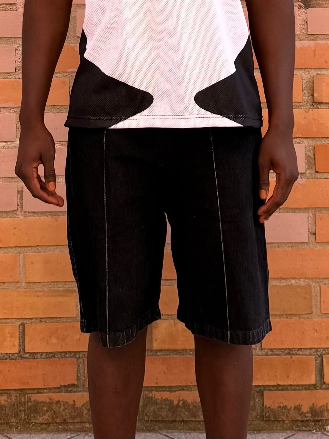 MESH TEE + DENIM BLACK SHORTS