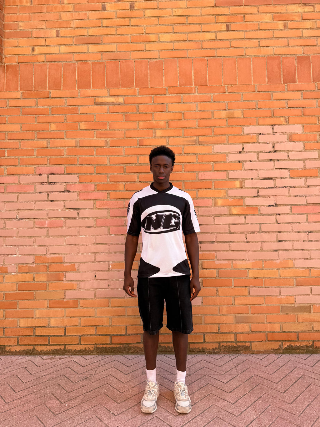 MESH TEE + DENIM BLACK SHORTS