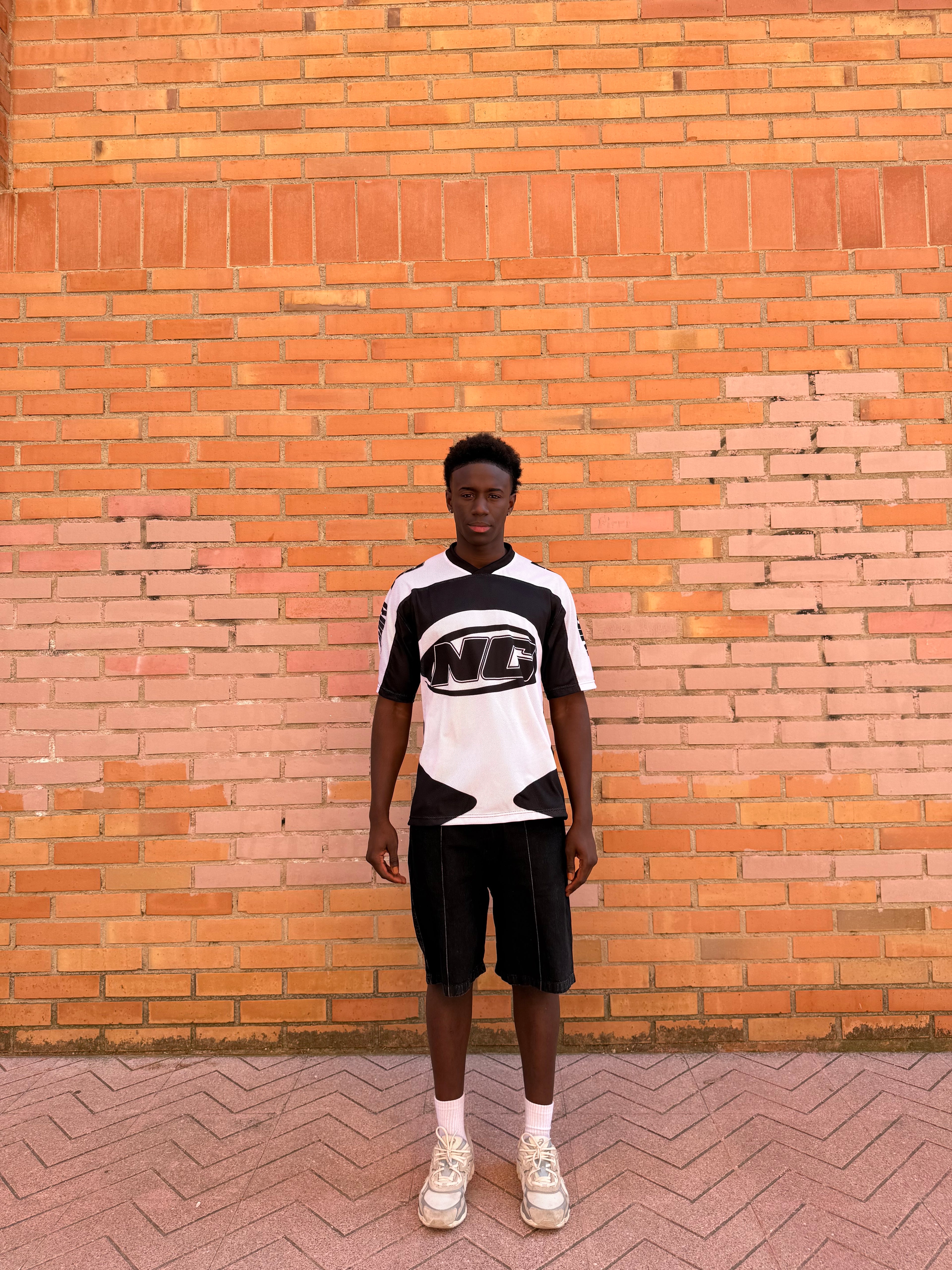 MESH TEE + DENIM BLACK SHORTS